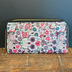 Sugar Skull Day of the Dead Zip-Around Wallet Pink Floral Gothic Clutch Calavera